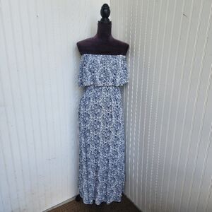 Yidarton Women Blue White Strapless Floral Off The Shoulder Maxi Dress Size L